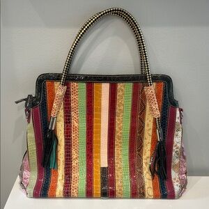 Multicolor Striped Leather Tote Bag with Tassel Handles